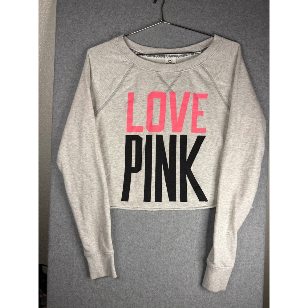 Victorias Secret PINK Cropped Sweatshirt Gray LOVE PINK Graphic Pullover Small